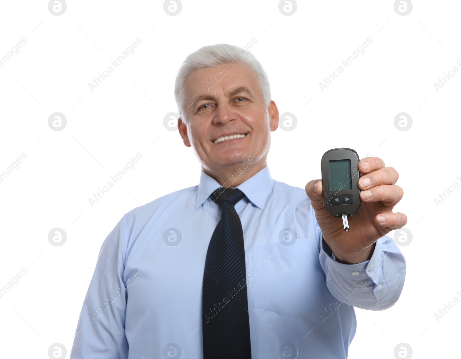 Photo of Senior man holding glucometer on white background. Diabetes control