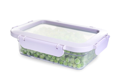 Photo of Frozen peas in plastic container isolated on white. Vegetable preservation