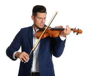 Photo of Man playing wooden violin on white background