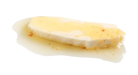 Photo of Piece of melting butter on white background