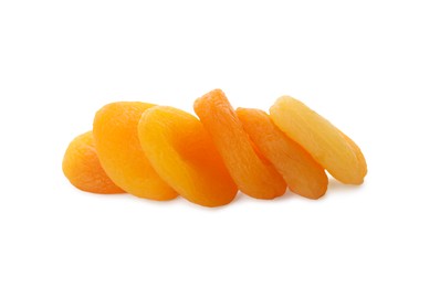 Photo of Pile of tasty apricots on white background. Dried fruits