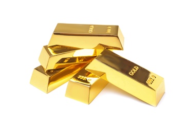 Photo of Precious shiny gold bars on white background