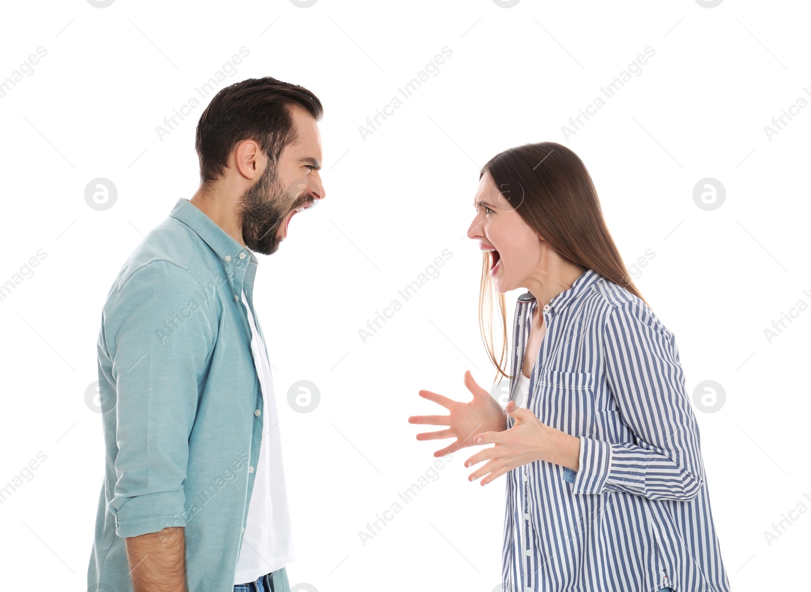Photo of Couple quarreling on white background. Relationship problems