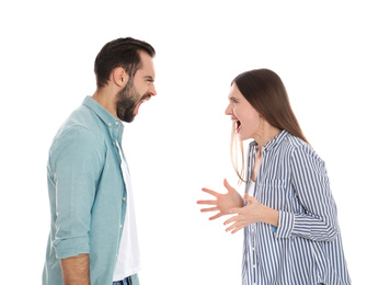 Photo of Couple quarreling on white background. Relationship problems