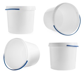 Image of Plastic buckets with lids isolated on white, set