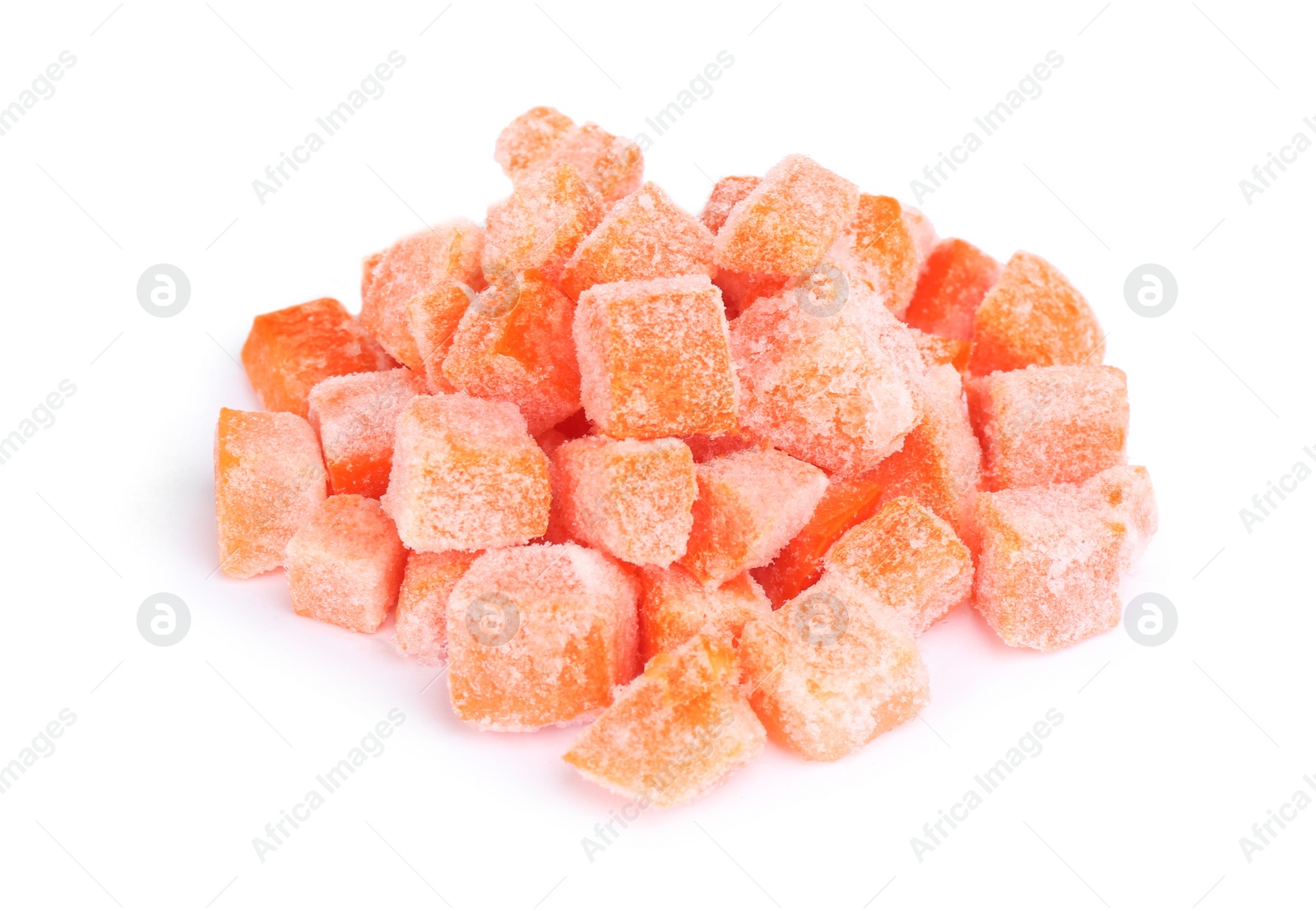 Photo of Pile of frozen carrots isolated on white. Vegetable preservation