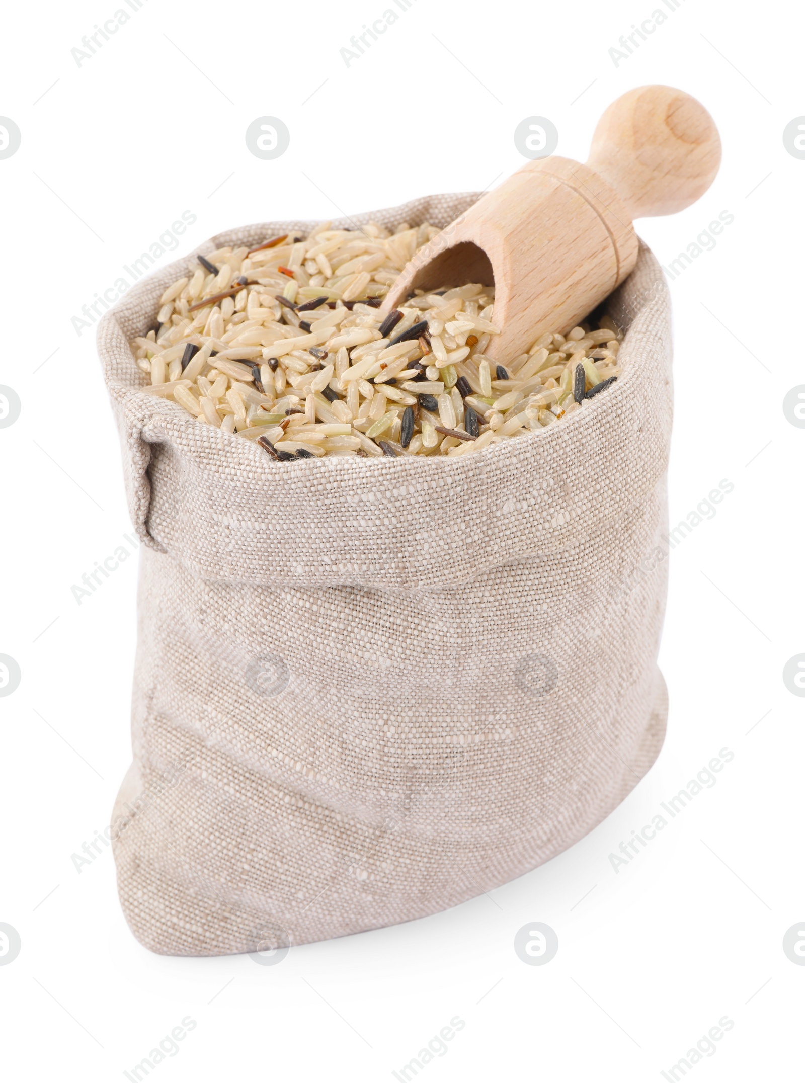 Photo of Raw unpolished rice in sack isolated on white