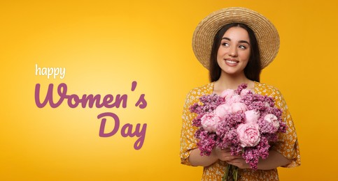 Image of Happy Women's Day, Charming lady holding bouquet of beautiful flowers on golden background