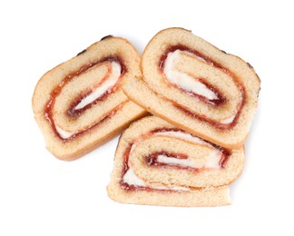 Slices of tasty cake roll with cream and jam on white background, top view