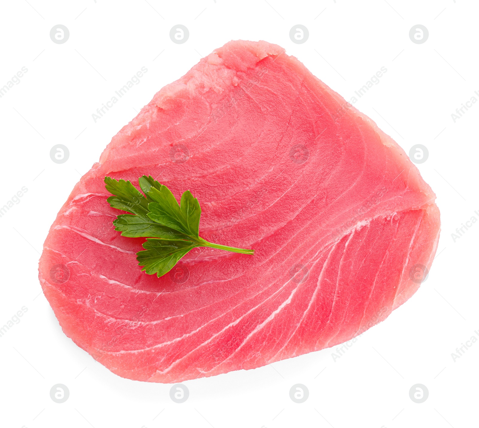 Photo of Raw tuna fillet and parsley leaf isolated on white, top view