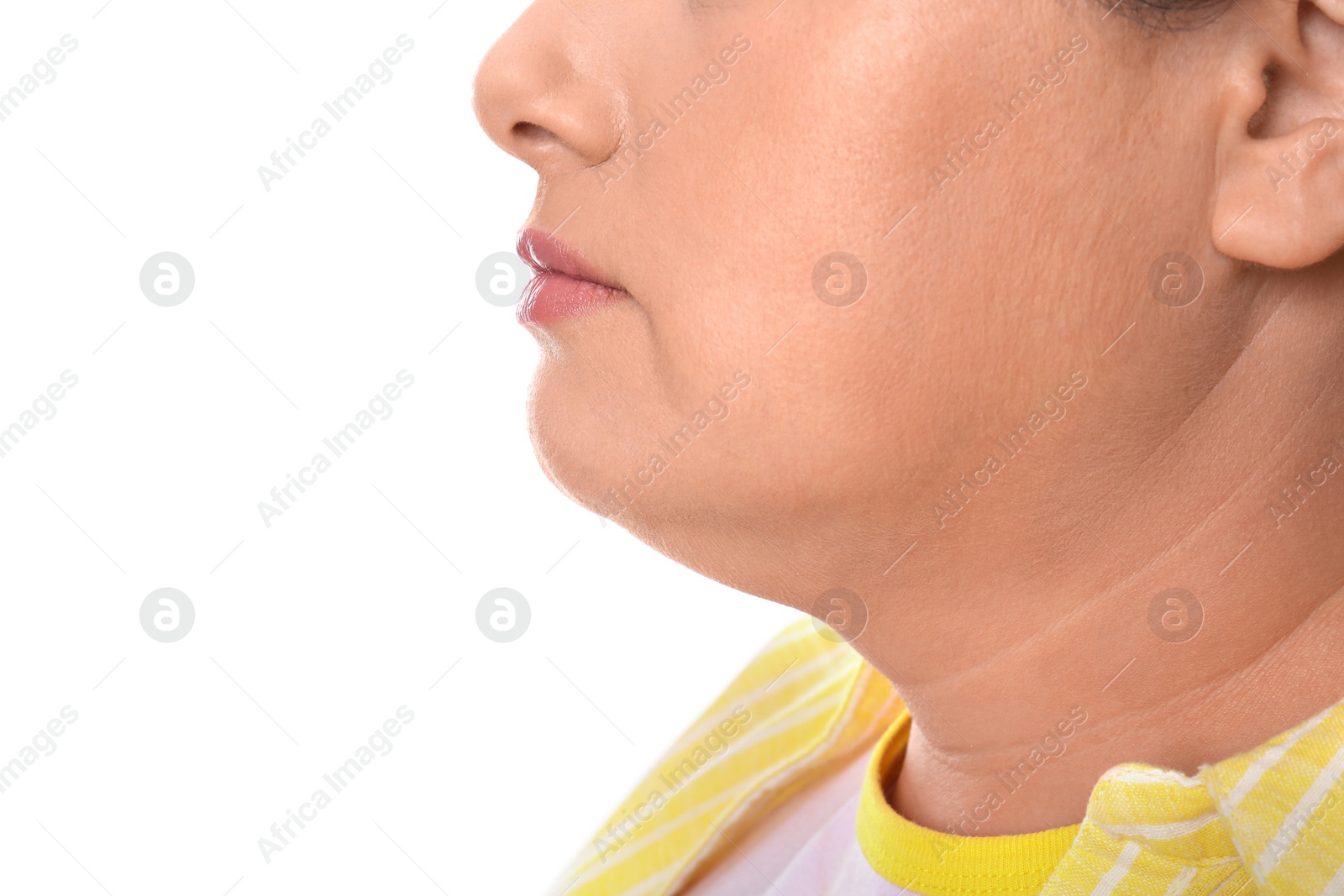 Photo of Woman with double chin on white background, closeup