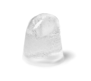 Photo of Melting ice cube on white background. Frozen liquid