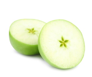 Halves of fresh green apple on white background