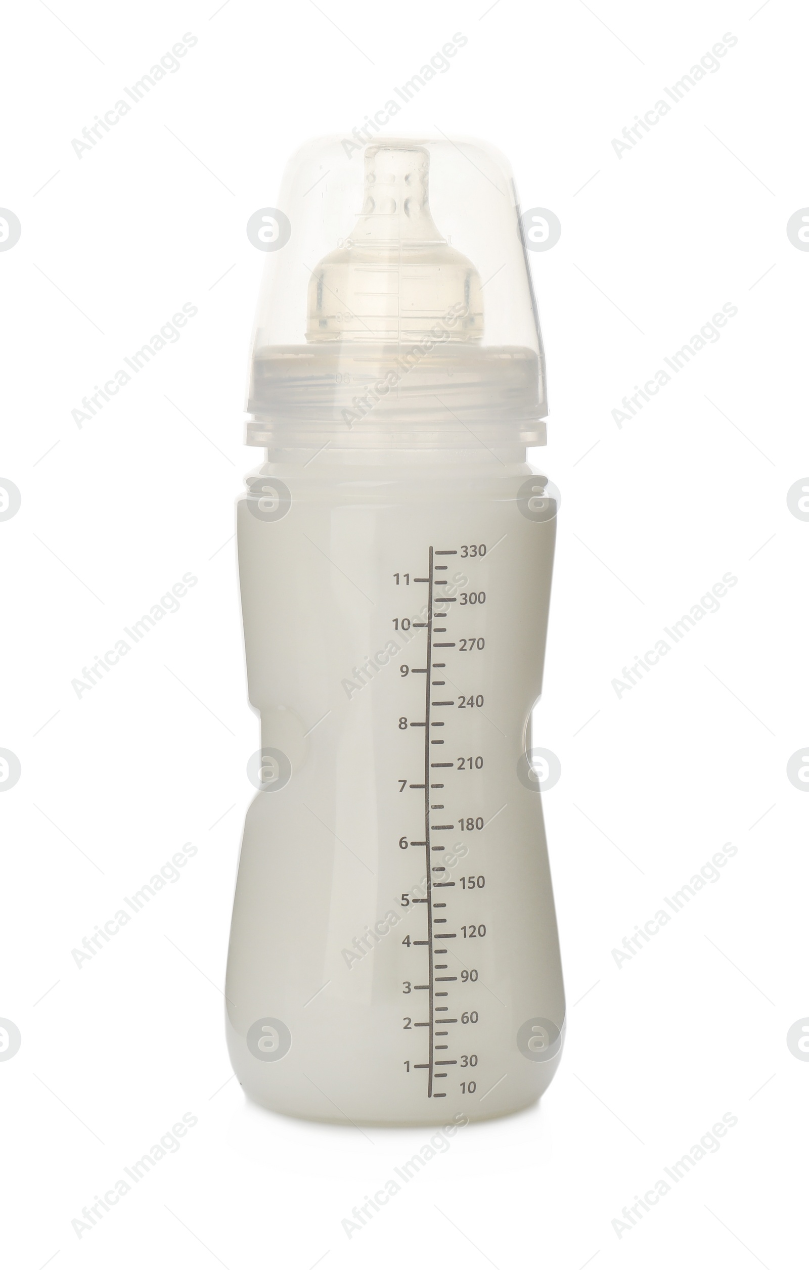 Photo of Feeding bottle with infant formula on white background. Baby milk