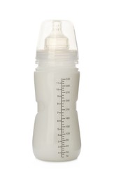 Photo of Feeding bottle with infant formula on white background. Baby milk