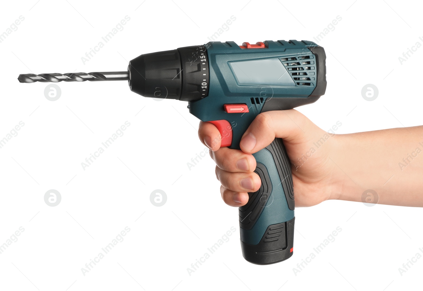 Photo of Man holding modern electric power drill on white background, closeup