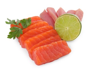 Photo of Delicious sashimi set of salmon and tuna served with lime and parsley isolated on white