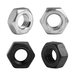 Image of Set with metal hex nuts on white background