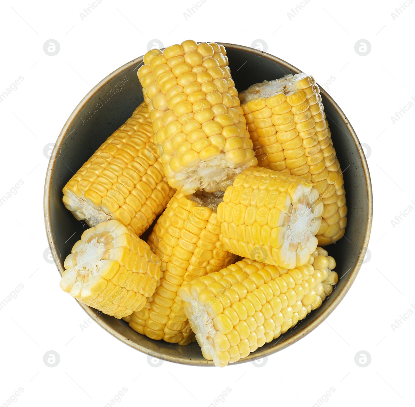 Photo of Dark bowl with corncobs on white background, top view