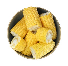 Photo of Dark bowl with corncobs on white background, top view
