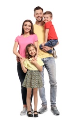 Photo of Full length portrait of happy family with children on white background