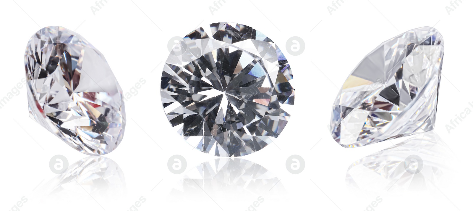 Image of Beautiful dazzling diamonds on white background, set