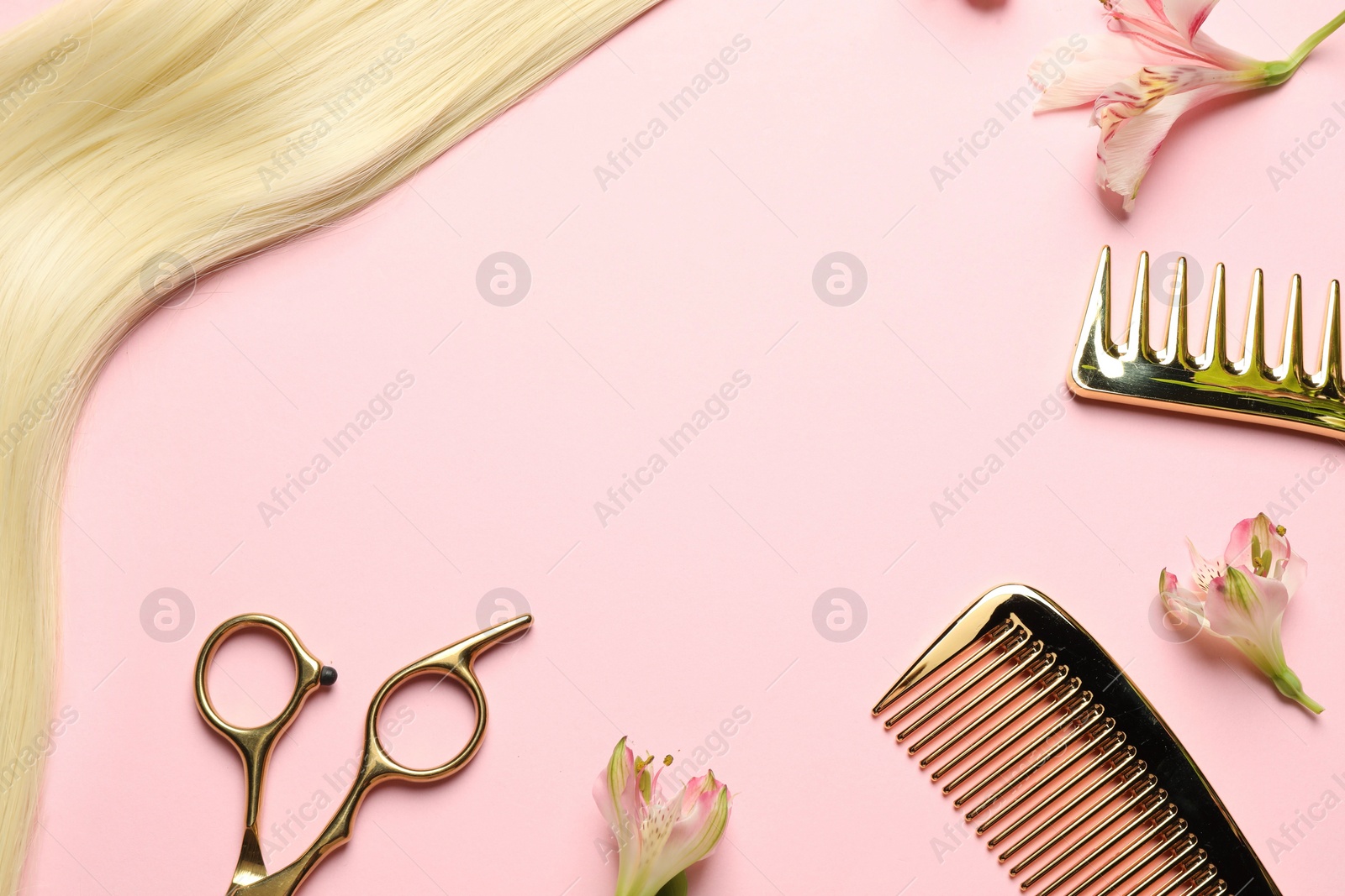 Photo of Hairdresser tools. Blonde hair lock, combs, scissors and flowers on pink background, flat lay. Space for text