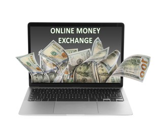 Online money exchange. Laptop with dollar banknotes and text on white background