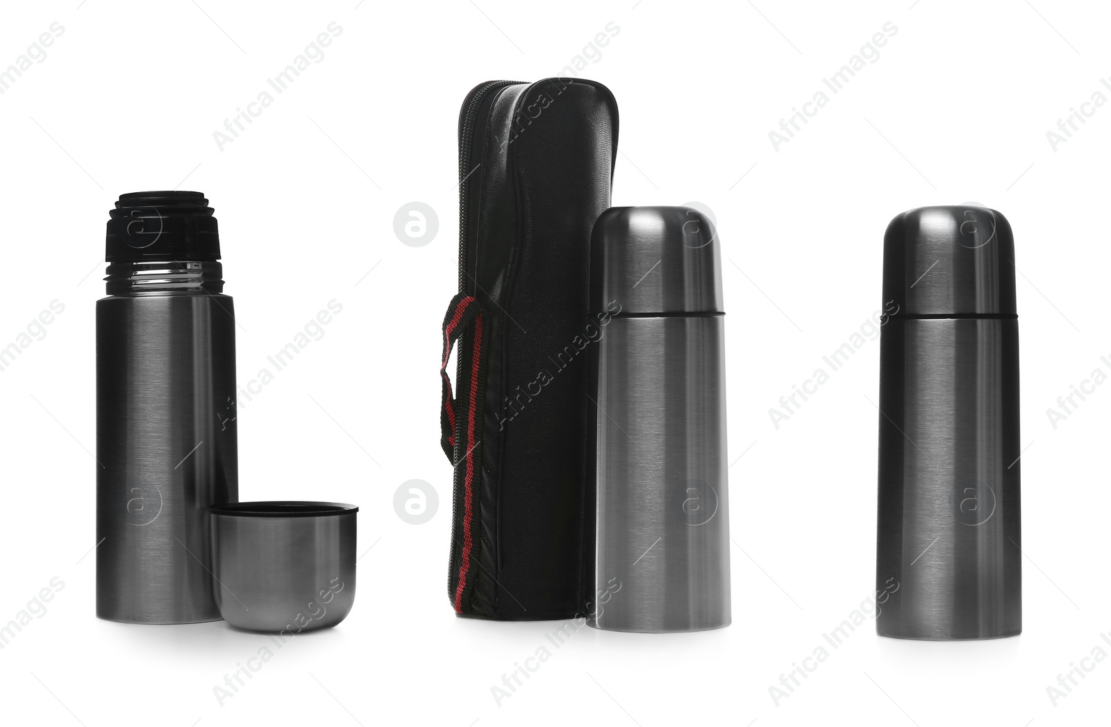 Image of Collage with modern thermos isolated on white 