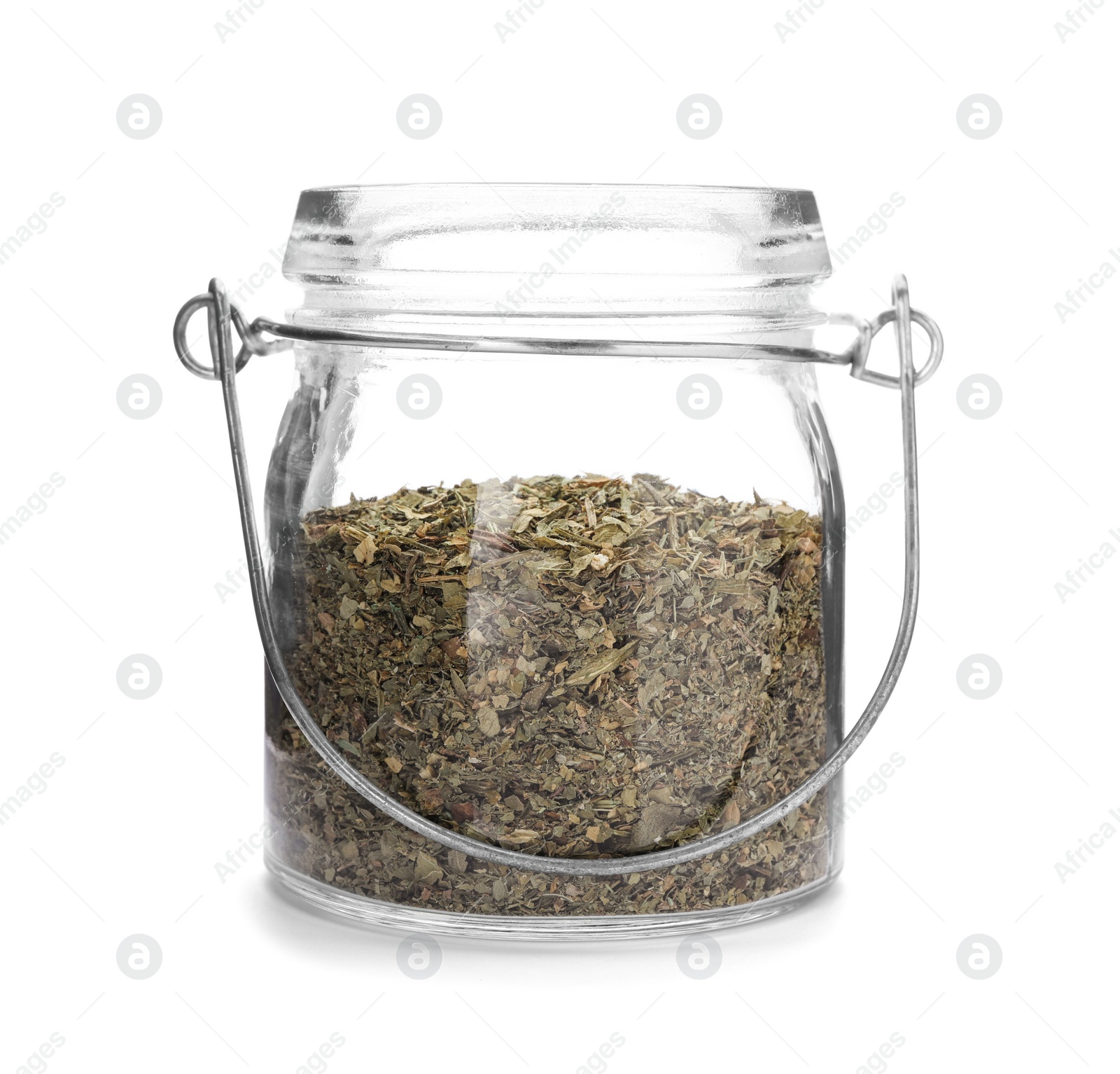 Photo of Glass jar with dried parsley on white background