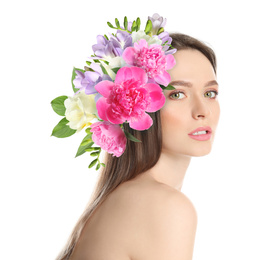 Image of Young woman with beautiful makeup wearing flower wreath on white background