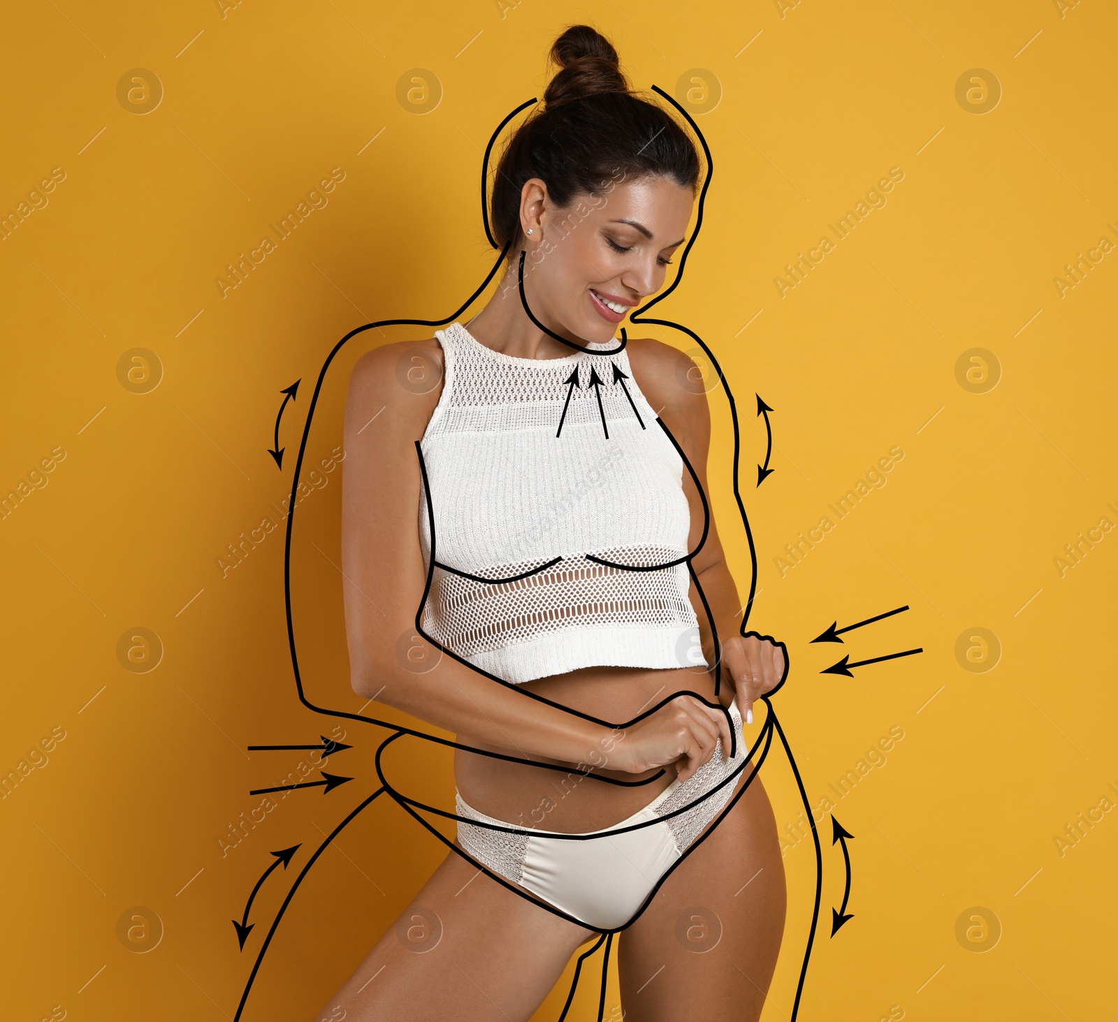 Image of Beautiful slim woman after weight loss on yellow background 