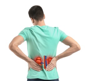 Image of Man suffering from kidney pain on white background
