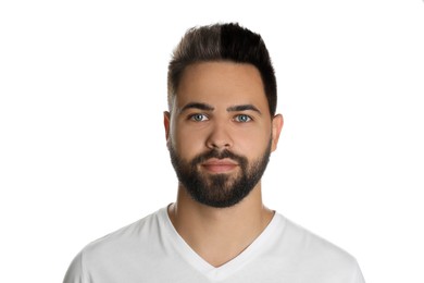 Image of Handsome young man before and after hair dyeing on white background