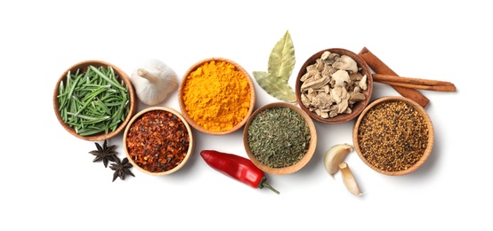 Photo of Beautiful composition with different aromatic spices on white background