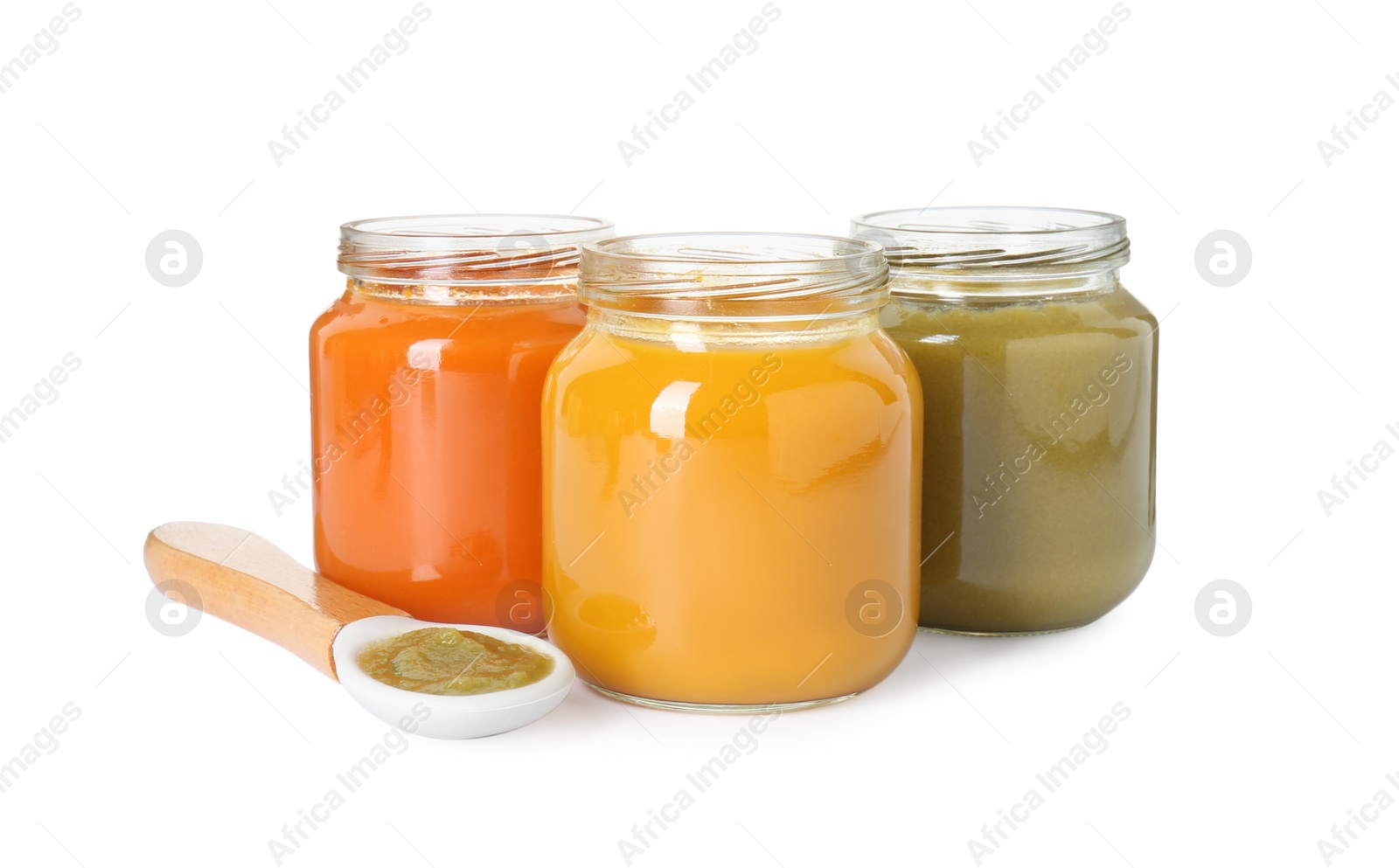 Photo of Tasty baby food in jars and spoon isolated on white