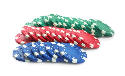 Photo of Plastic chips on white background. Poker game