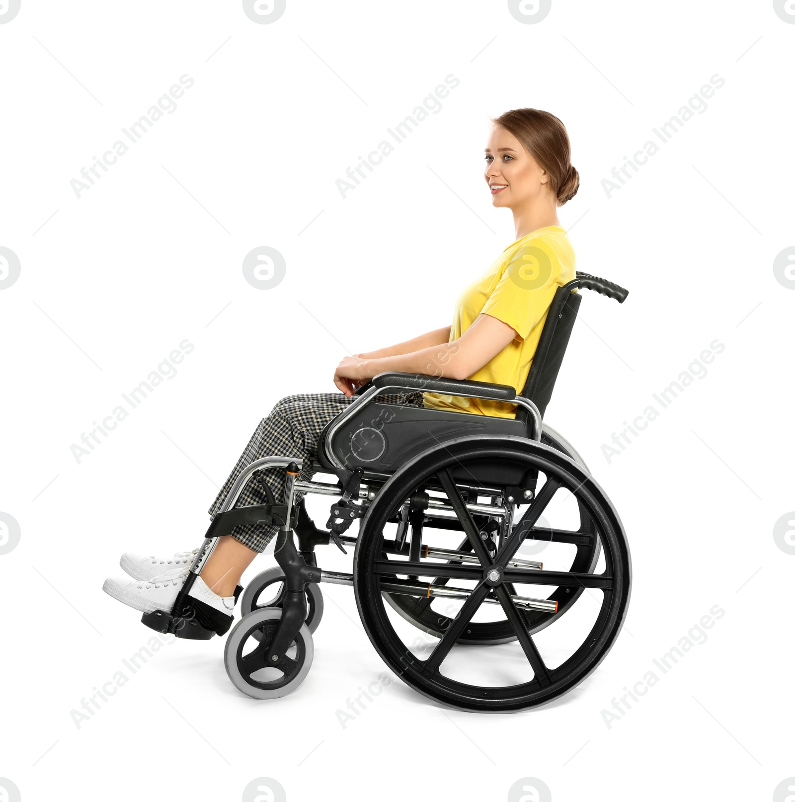 Photo of Portrait of beautiful woman in wheelchair isolated on white