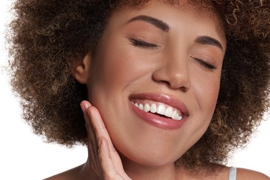 Photo of Beautiful woman with healthy skin on white background, closeup