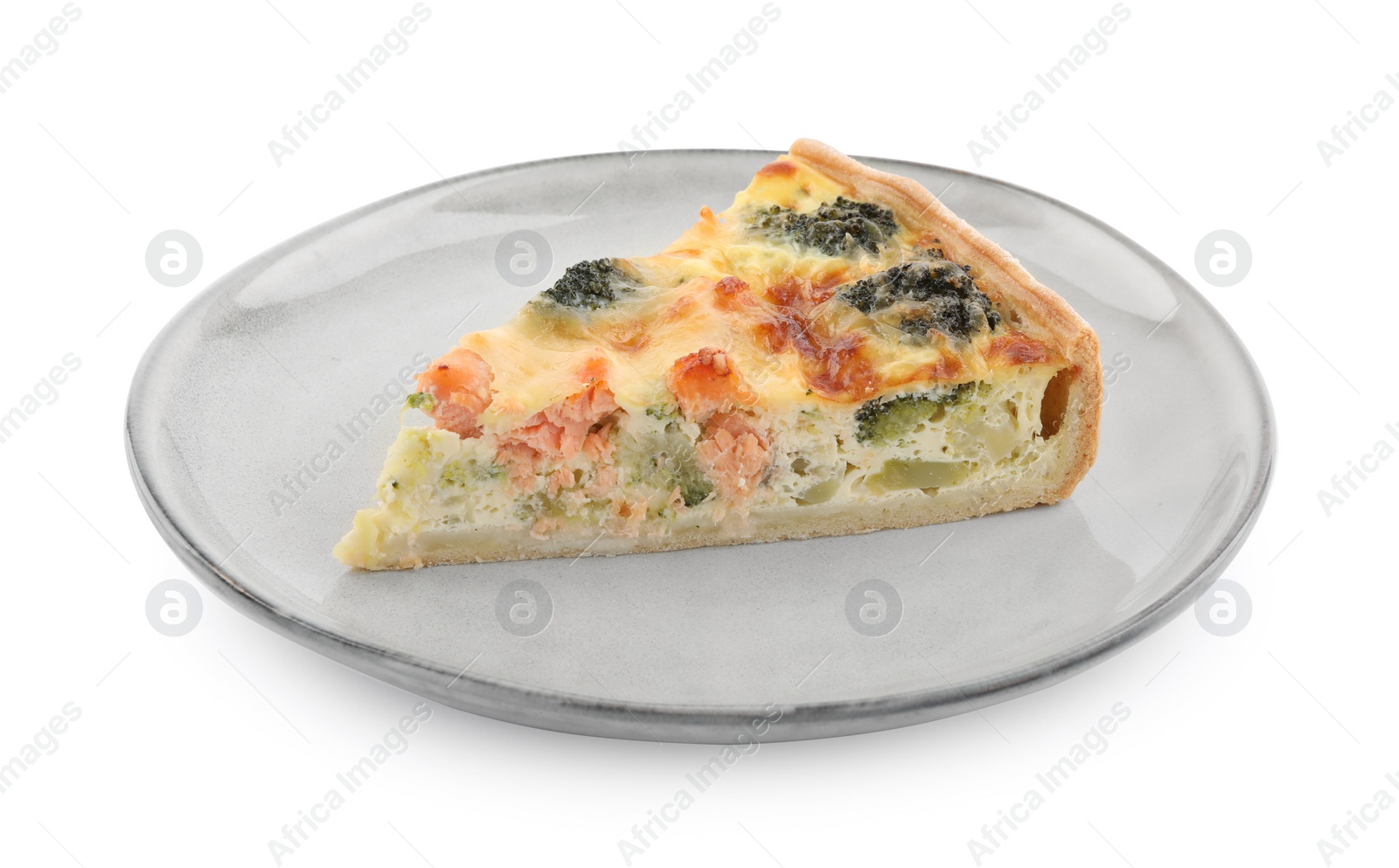 Photo of Piece of delicious homemade quiche with salmon and broccoli isolated on white