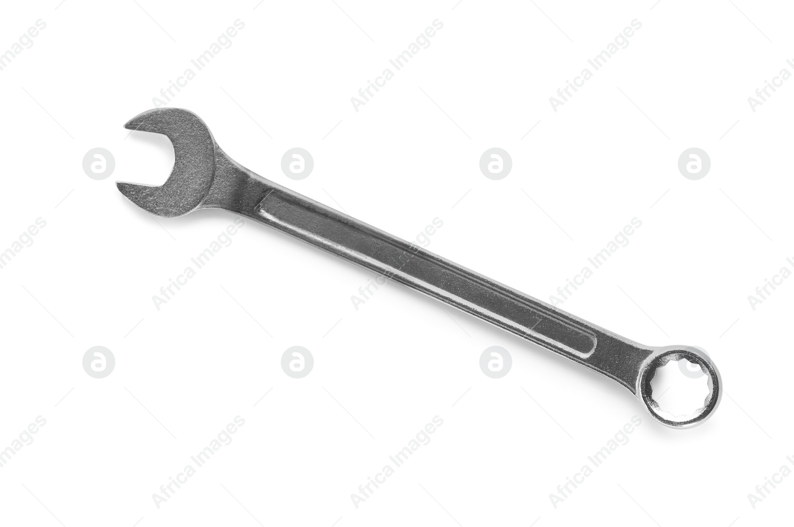 Photo of New combination wrench on white background, top view. Plumber tools