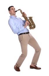 Young man playing saxophone on white background