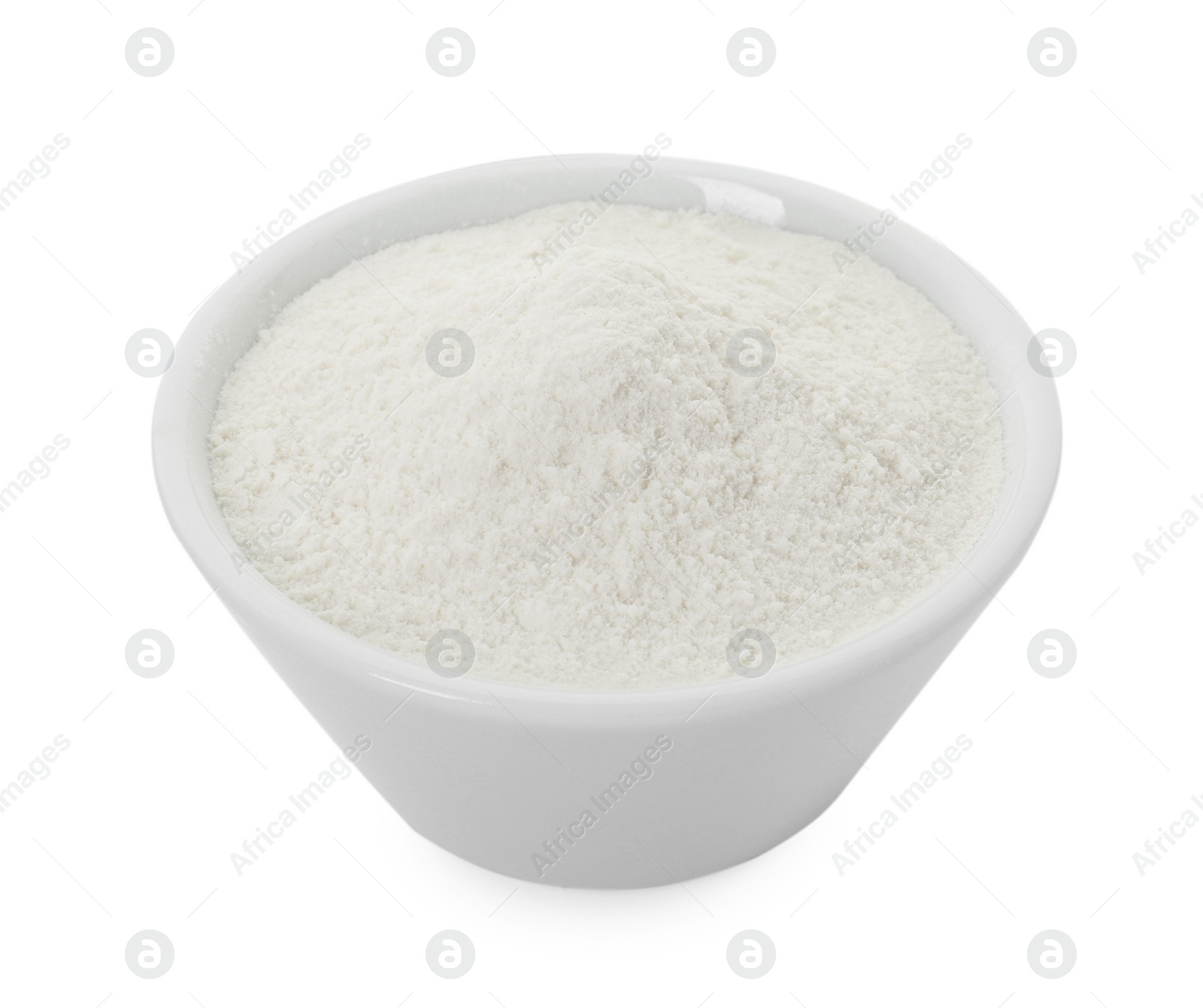 Photo of Baking powder in bowl isolated on white