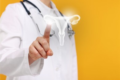 Image of Doctor and illustration of female reproductive system on orange background, closeup