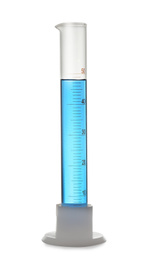 Graduated cylinder with light blue liquid isolated on white