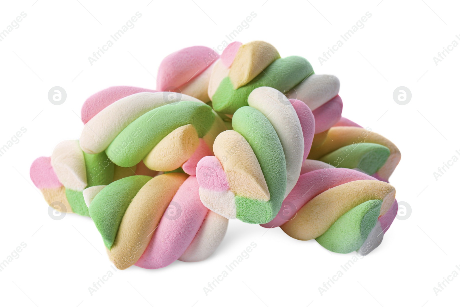 Photo of Pile of delicious colorful marshmallows on white background