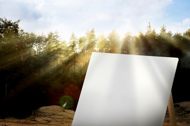 Wooden easel with blank canvas in forest at sunrise. Space for text
