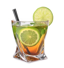 Photo of Glass of mint julep cocktail on white background