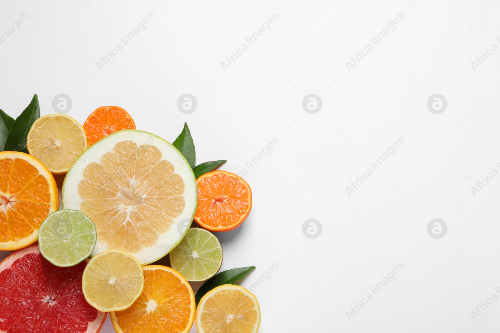 Photo of Different citrus fruits with fresh leaves on white background, top view. Space for text