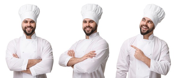 Chef in uniform on white background, set with photos